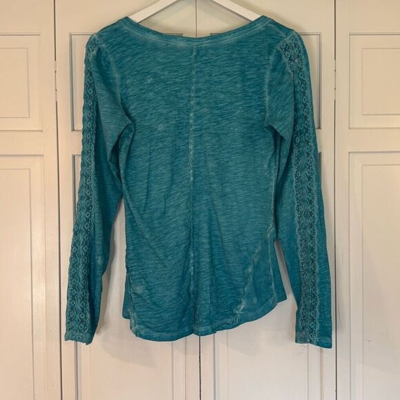 Free People Shell sleeve lace trim Henley turquoise small - Picture 6 of 11